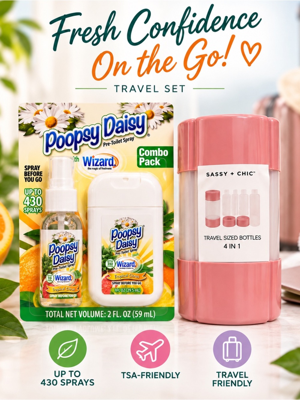 Wizard Poopsy Daisy Spray & Pink Travel Bottles Combo
